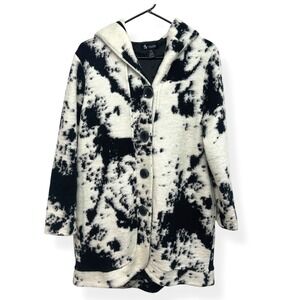 Hooded Knit Coatigan Women's M Black White Abstract Lined‎ Quiet Luxury Layer
